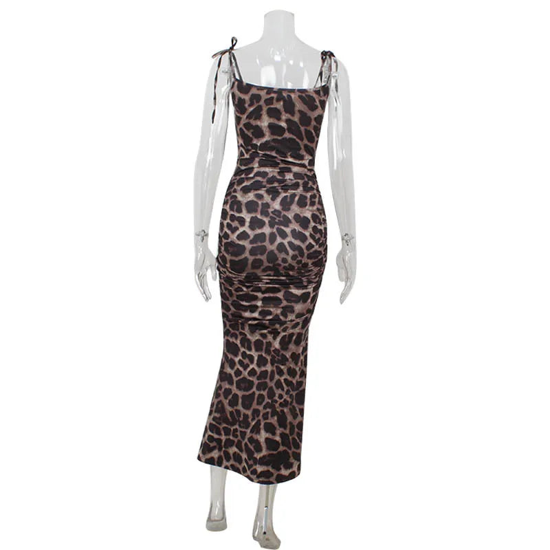 Leopard Printed Dresses For Women Fashion Sexy Partywear Spaghetti High Side Split V-Neck Slim Fit Sleeveless Long Vestidos Robe