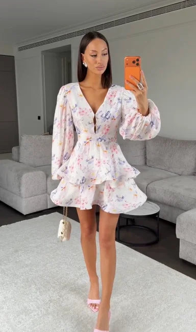 Sexy Deep V-neck Floral Printed Long Sleeve Women Dress Fashion Waist-cinched Pleated Button-front Vestidos 2026 Daily Outfits