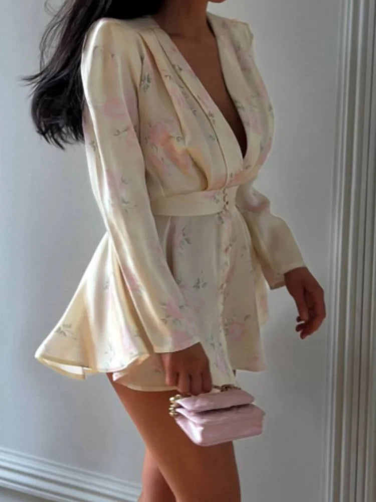 Sexy Deep V-neck Floral Printed  Long Sleeve Women Dress Fashion Waist-cinched Pleated Button-front Vestidos 2026 Daily Outfits
