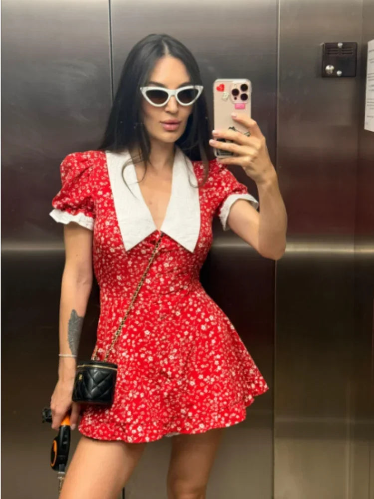 Red Floral Print Peter Pan Collar Dress Women Puff Sleeve V-neck High Waist A-line Mini Dresses Lady Evening Dinner Vestido 2026