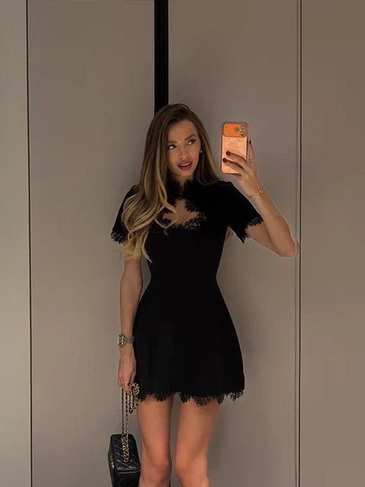 Lace Patchwork Hollow Out Bodycon Sheath High Collar Women Dresses Half Sleeves Outfits Sexy Club Fashion Female Mini Vestidos