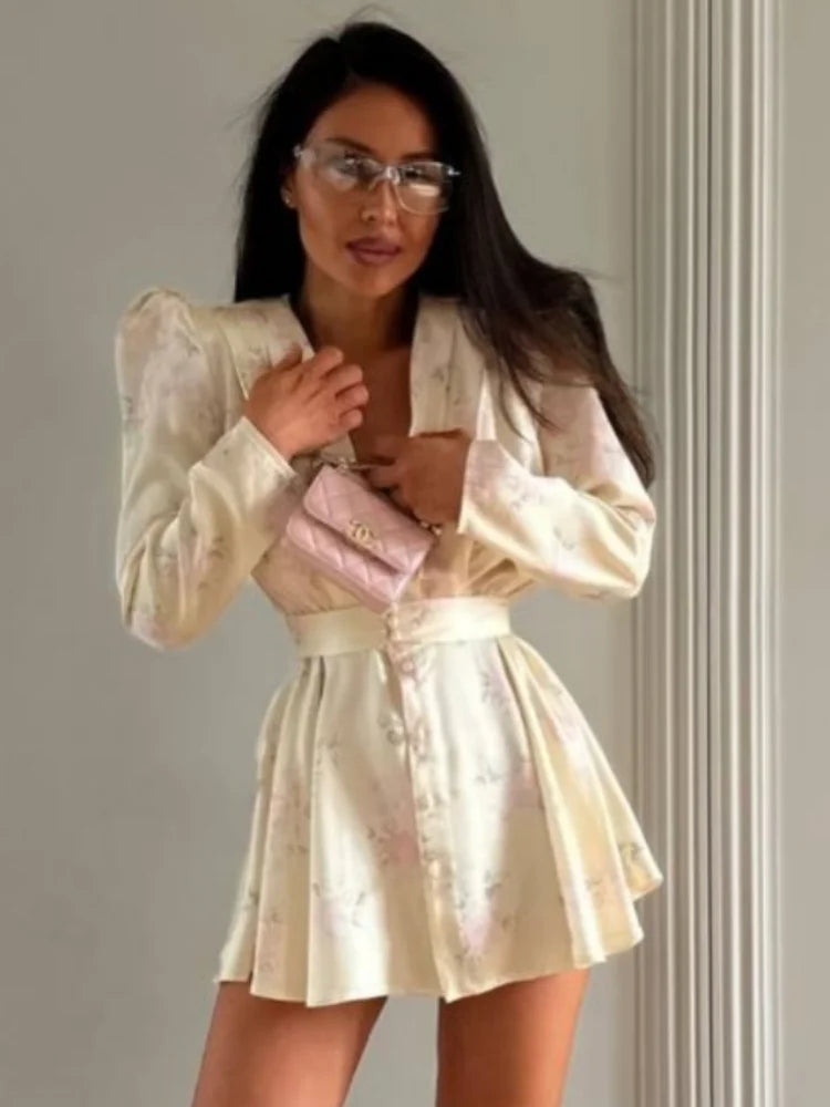 Sexy Deep V-neck Floral Printed  Long Sleeve Women Dress Fashion Waist-cinched Pleated Button-front Vestidos 2026 Daily Outfits