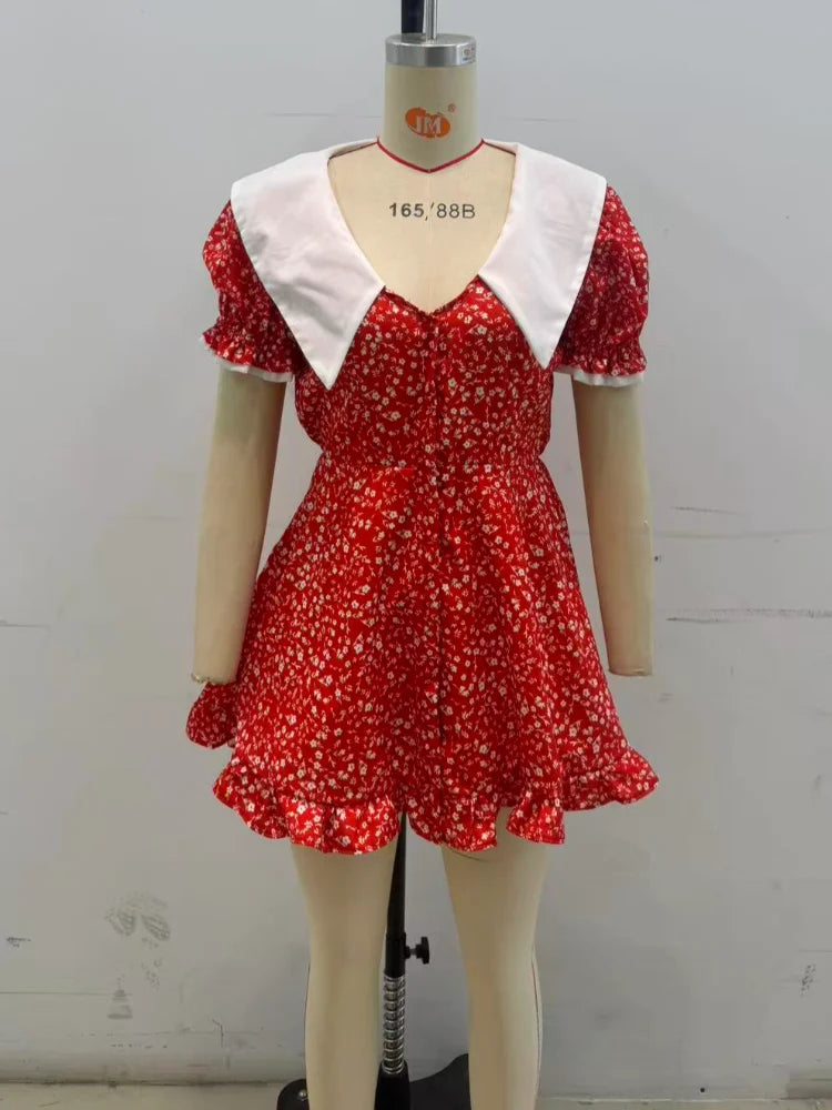 Red Floral Print Peter Pan Collar Dress Women Puff Sleeve V-neck High Waist A-line Mini Dresses Lady Evening Dinner Vestido 2026