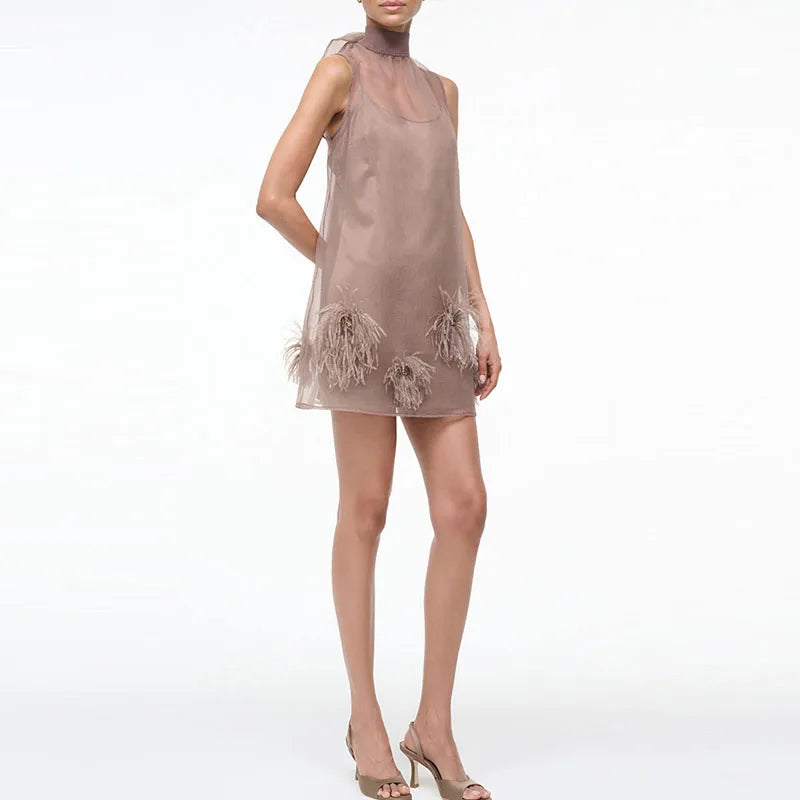 Robe Courte Chic à Plumes – Col Montant et Jupe Évasée